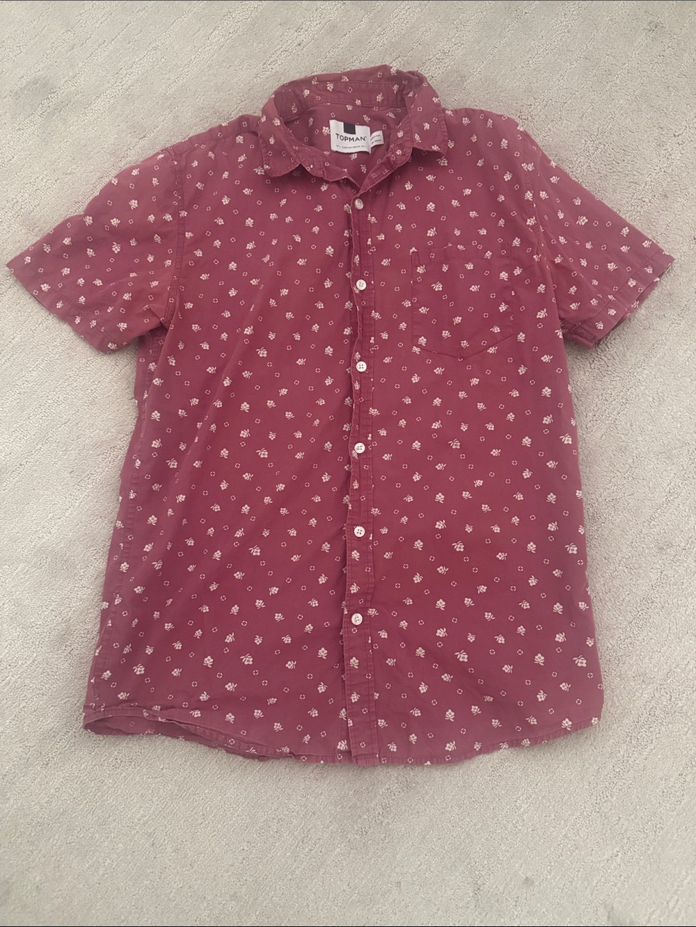 Topman Maroon Short Sleeve Button-Down with Small White Floral Motif